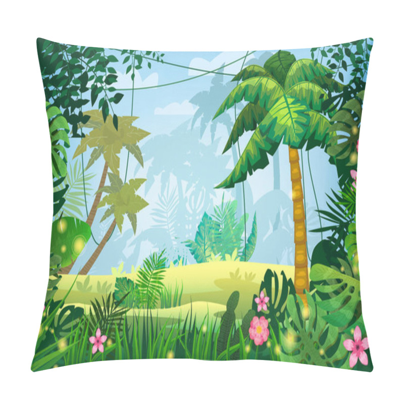 Personality  Jungle Tropical Forest Palms Different Exotic Plants Leaves, Flowers, Lianas, Flora, Rainforest Landscape Background. For Design Game, Apps, Banners, Prints. Vector Illustration Isolated Pillow Covers