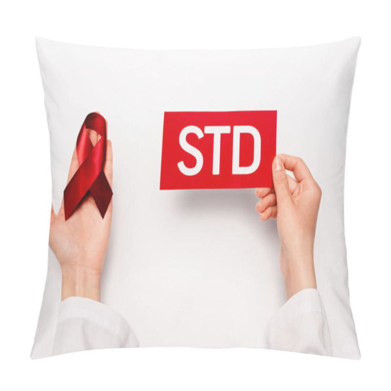 Personality  Cropped View Of Doctor Holding Paper With Std Lettering And Red Ribbon On White  Pillow Covers