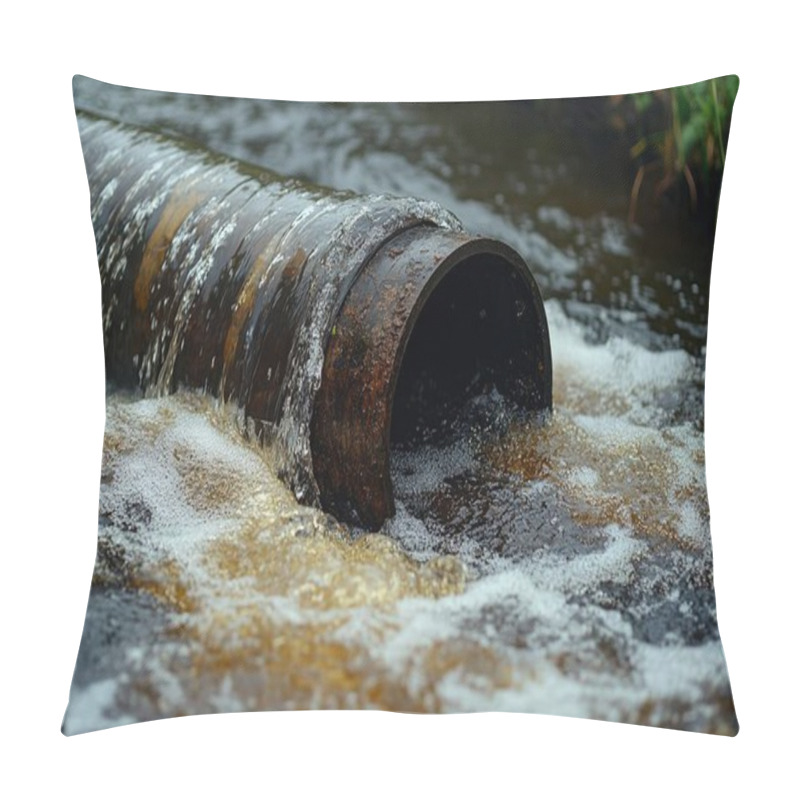 Personality  Polluted Water Flows From A Rusted Industrial Pipe, Highlighting Environmental Contamination. This Image Is AI-generated. Pillow Covers