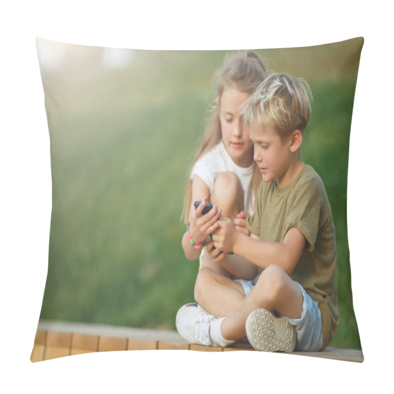 Personality  Photo Of Small Boy And Girl With Telephones Hands Sitting On Wooden Fence Outdoors Pillow Covers