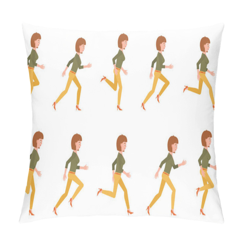 Personality  Young Adult Woman In Yellow Pants Running Sequence Poses Vector Illustration. Fast Moving Forward Office Cartoon Character Set On White Backgroun Pillow Covers