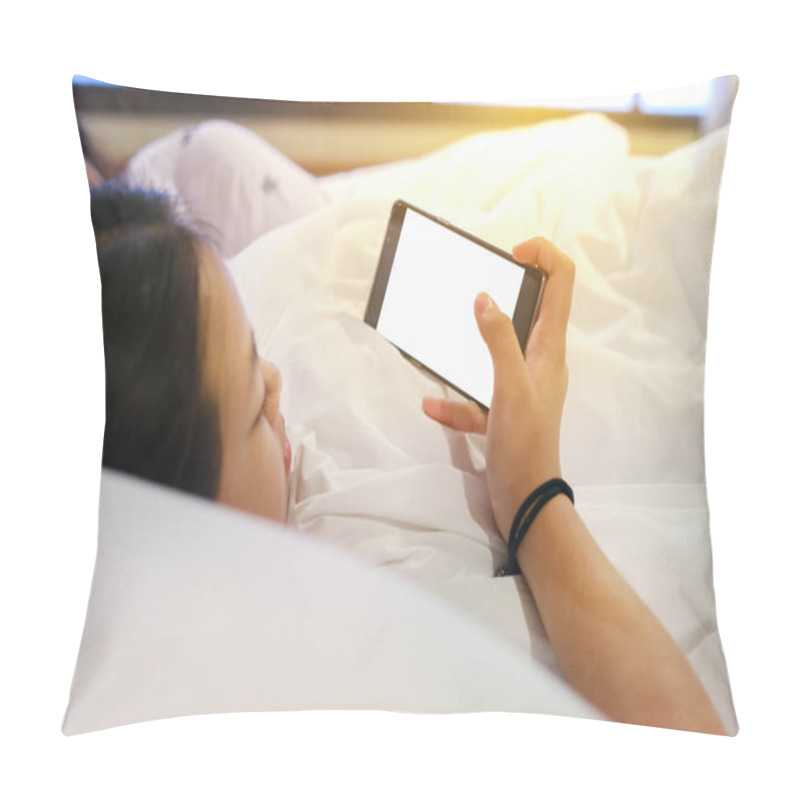 Personality  Cute Teenage Girl With Smartphone On Bed In The Morning Pillow Covers