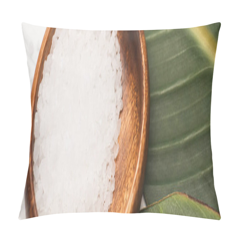 Personality  Close Up View Of Natural Sea Salt In Wooden Bowl On Green Leaf, Banner Pillow Covers