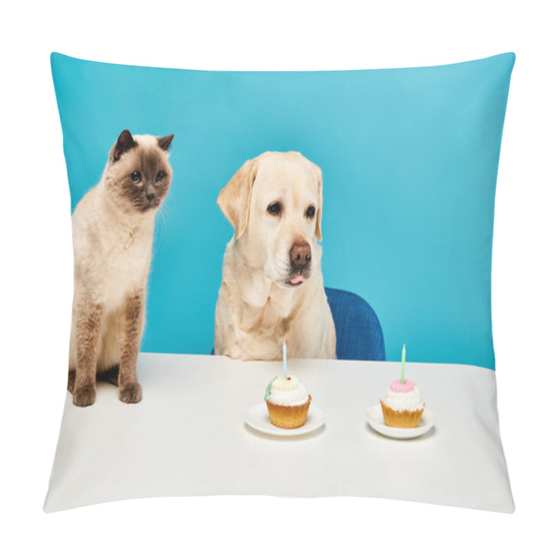 Personality  A Cat And A Dog Sit At A Table, Happily Enjoying Cupcakes Together In A Whimsical And Heartwarming Scene. Pillow Covers