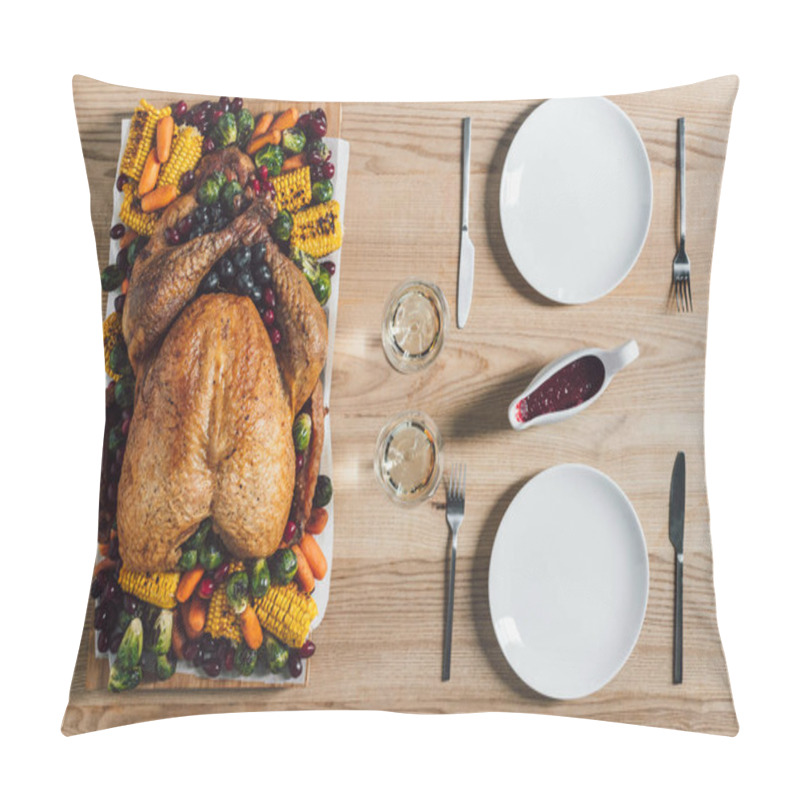 Personality  Flat Lay With Roasted Turkey, Vegetables And Glasses Of Wine For Thanksgiving Holiday Dinner On Tabletop Pillow Covers