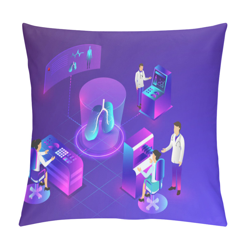 Personality  Different Health Care Equipments And Checkup Platform Like Eye Checkup, Body Scanning And Testing Process, Isometric Design On Shiny Blue Background. Pillow Covers