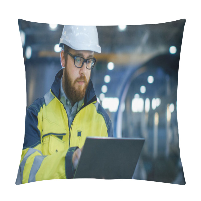 Personality  Industrial Engineer In Hard Hat Wearing Safety Jacket Uses Laptop. He Works In The Heavy Industry Manufacturing Factory With Various Metalworking Processes Are In Progress. Pillow Covers