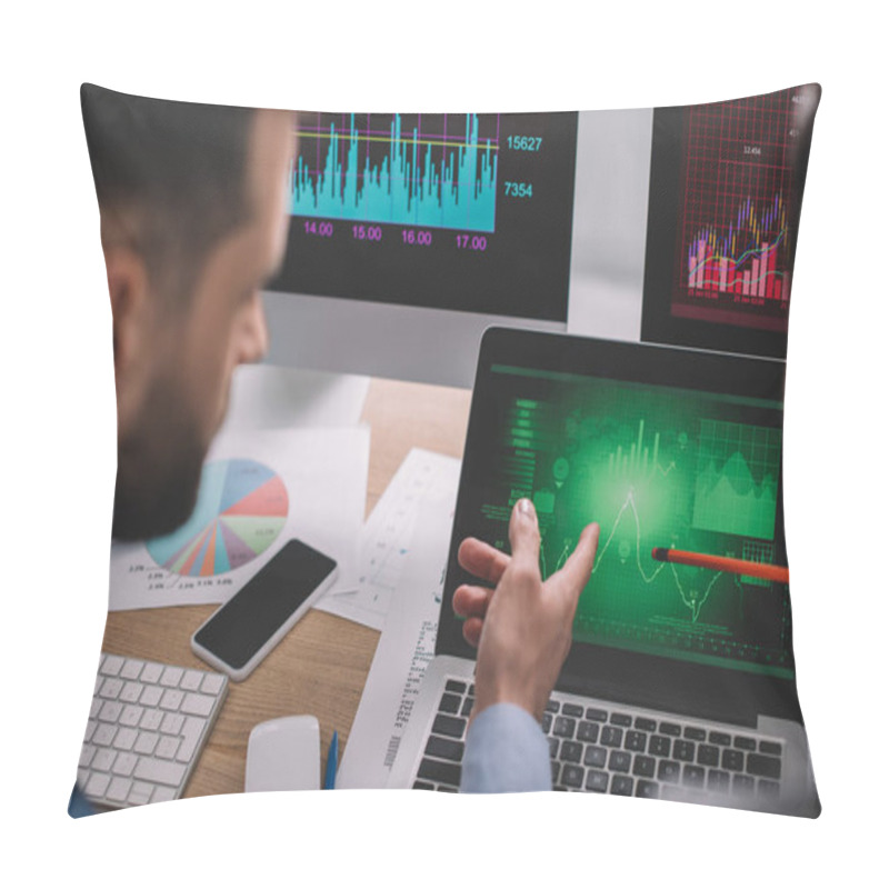 Personality  Selective Focus Of Data Analysts Identifying Problems While Working With Charts On Computer Monitors  Pillow Covers