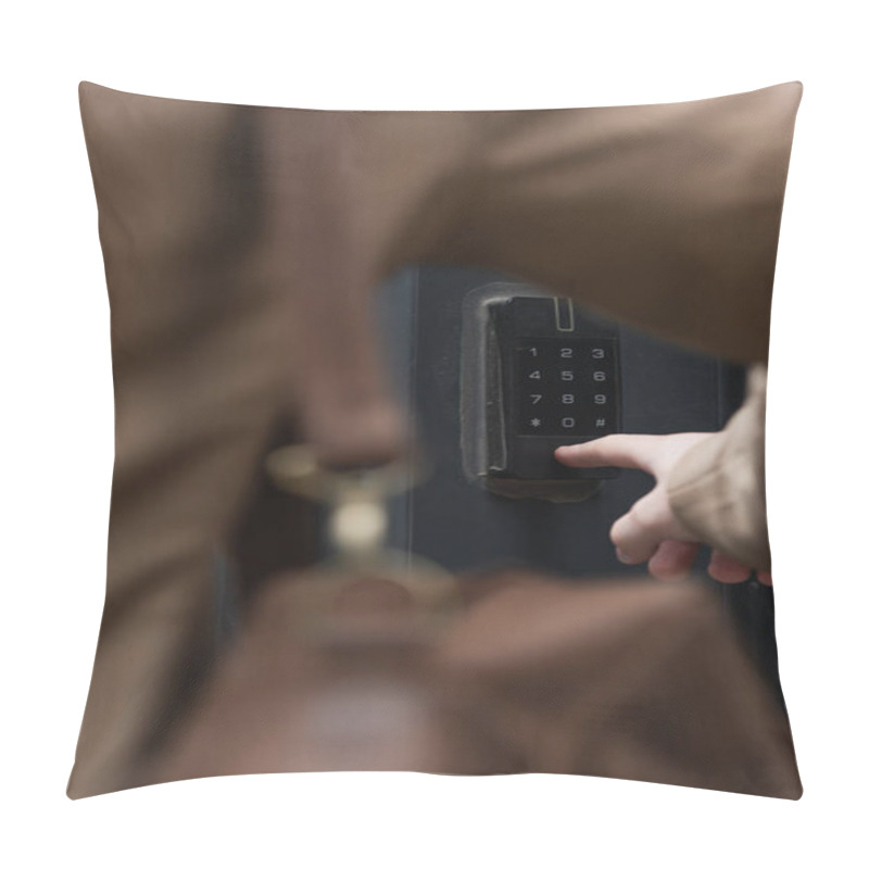 Personality  Partial View Of Blurred Man Pressing Button On Intercom Keypad  Pillow Covers