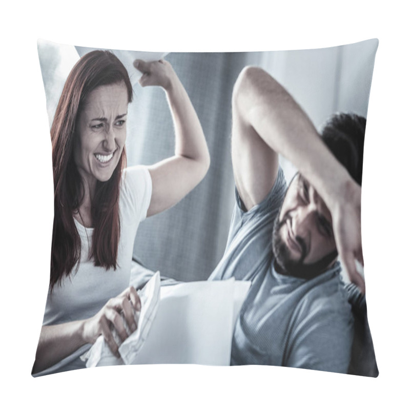 Personality  Angry Redhead Woman Quarreling With Husband And Biting Him. Pillow Covers