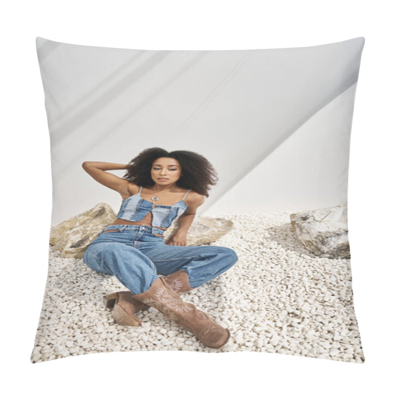 Personality  A Stylish Young Woman Shows Off Her Unique Look In A Serene Setting. Pillow Covers