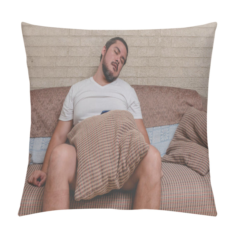 Personality  An Unkempt, Unmotivated And Depressed Man Falling Asleep On The Couch. Exhausted From Stress And Other Problems. Pillow Covers