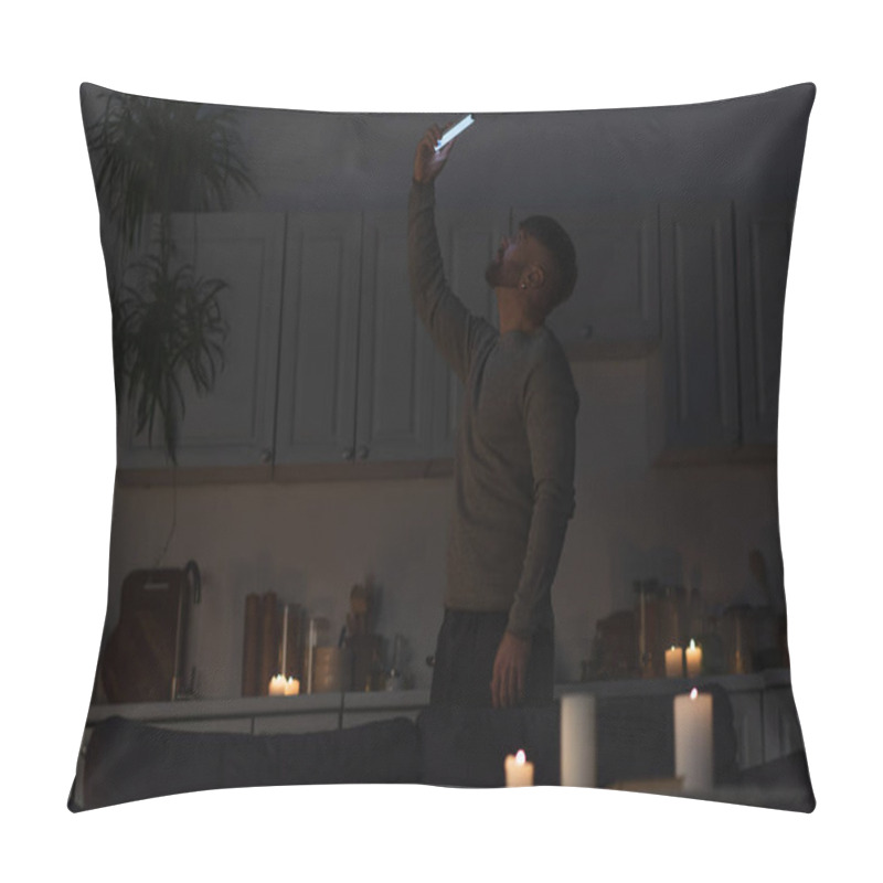 Personality  Man Standing In Dark Kitchen With Burning Candles And Catching Mobile Connection On Cellphone Pillow Covers