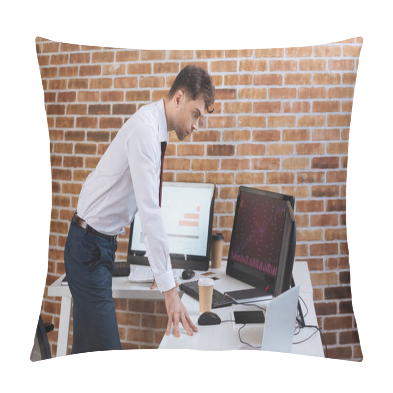 Personality  Focused Businessman Checking Finance Stocks On Computers In Office  Pillow Covers