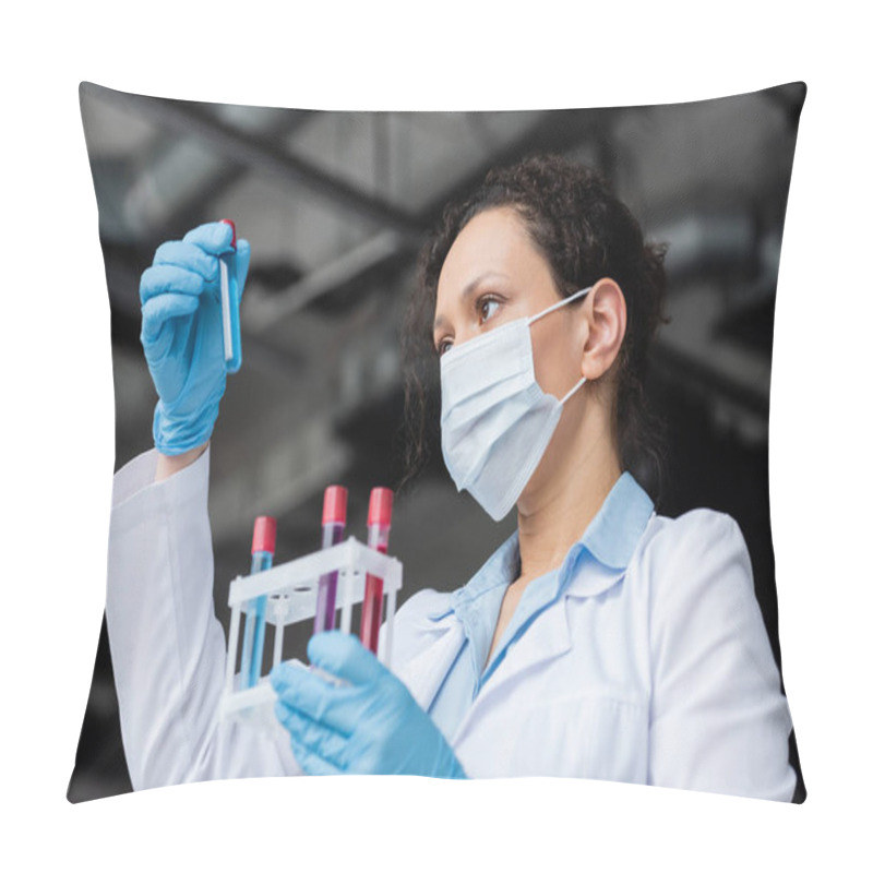 Personality  Low Angle View Of African American Scientist In Medical Mask Holding Test Tubes  Pillow Covers