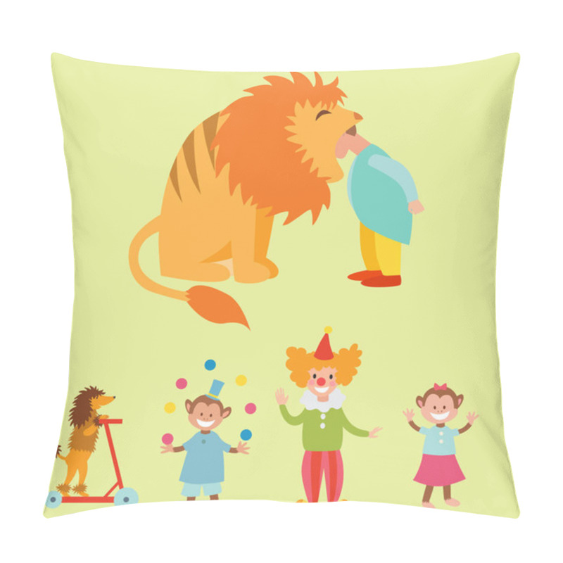 Personality  Circus Funny Animals Set Of Vector Icons Cheerful Zoo Entertainment Collection Juggler Pets Magician Performer Carnival Illustration. Pillow Covers