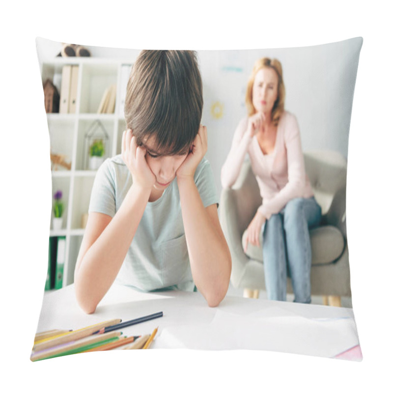 Personality  Selective Focus Of Sad Kid With Dyslexia And Child Psychologist On Background  Pillow Covers