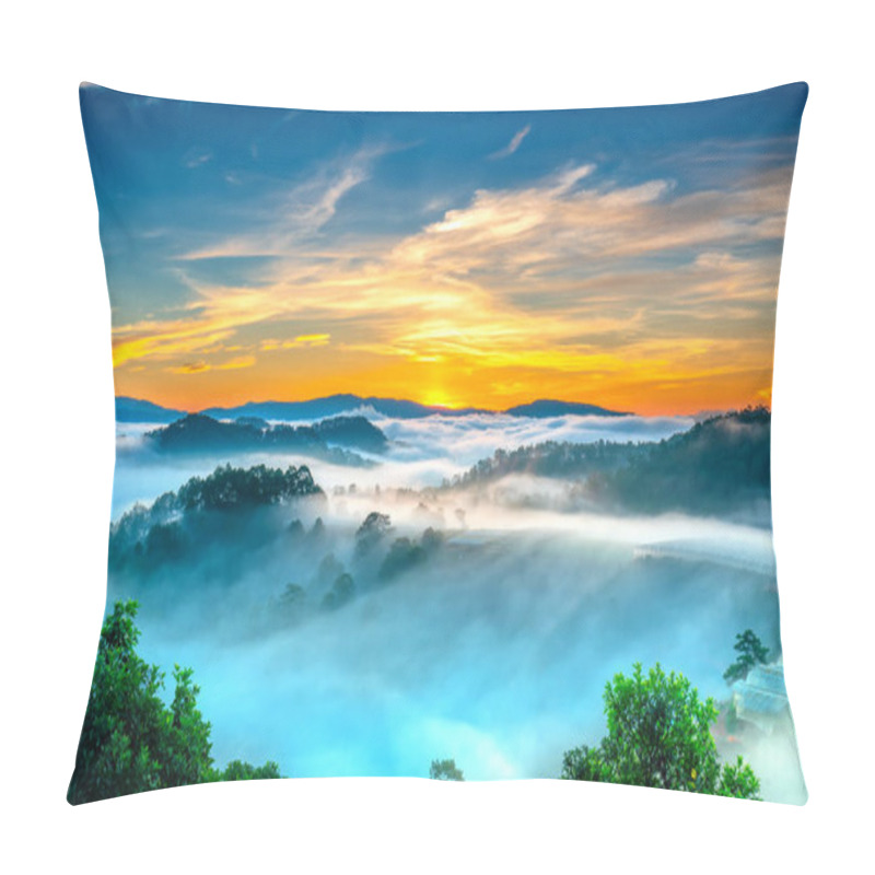 Personality  Sunrise Over Hillside As The Sun Rising From Horizon Reflect Light Bright Yellow Sky. Below Cloudy Mist Covered Valleys Flooded Pine Forests Create Impressive Beauty Highlands In Morning. Pillow Covers