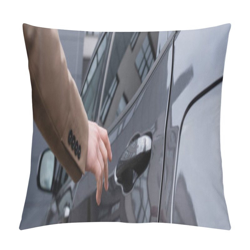 Personality  Partial View Of Businessman In Beige Suit Reaching Car Door, Banner Pillow Covers