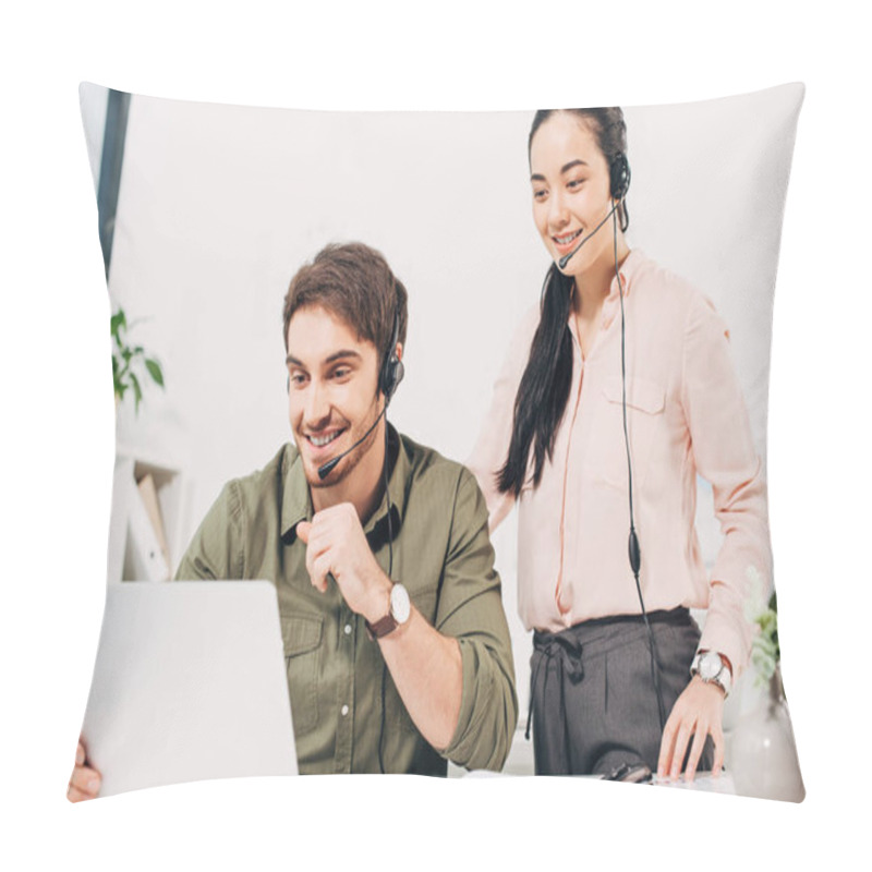 Personality  Handsome Call Center Operator Working At Laptop And Pretty Coworker Standing Behind In Office Pillow Covers