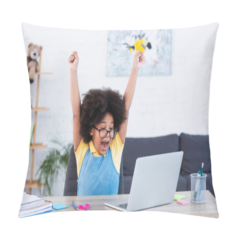 Personality  Excited African American Kid Looking At Laptop While Doing Schoolwork  Pillow Covers