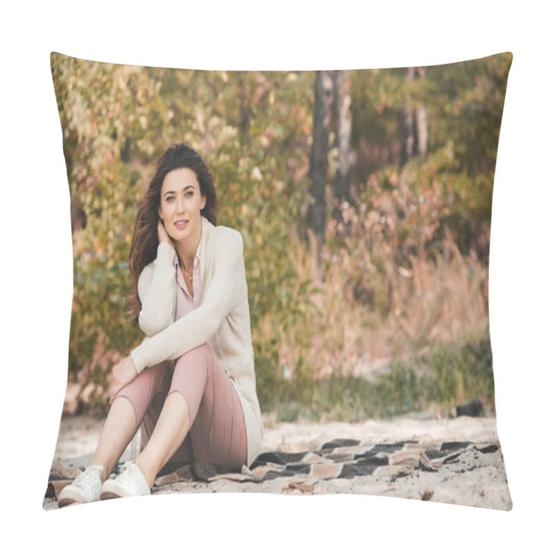 Personality  Thoughtful Woman Resting On Blanket Alone On Sandy Beach Pillow Covers