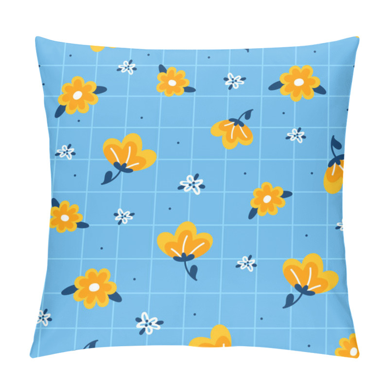 Personality  Elegant Seamless Pattern Featuring White And Yellow Floral Designs On A Light Blue Checked Background, Perfect For Summer Or Spring Fabric And Print Projects Pillow Covers