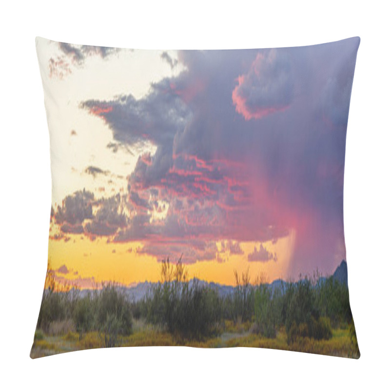 Personality  Panoramic Image Of The Sonoran Desert Of Arizona During Sunset With Distant Rain And Blue Skies. Pillow Covers