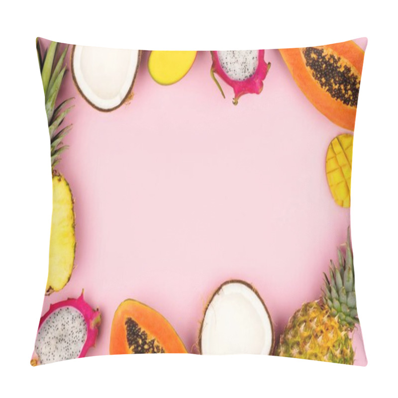 Personality  Tropical Fruit Frame With Pineapple, Dragon Fruit, Papaya, Coconut And Mango On A Pastel Pink Background Pillow Covers