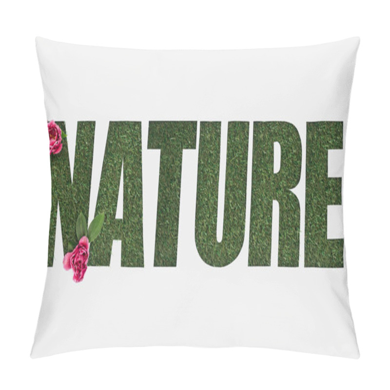 Personality  Top View Of Cut Out Nature Lettering On Green Grass Background With Green Leaves And Pink Peonies Isolated On White Pillow Covers