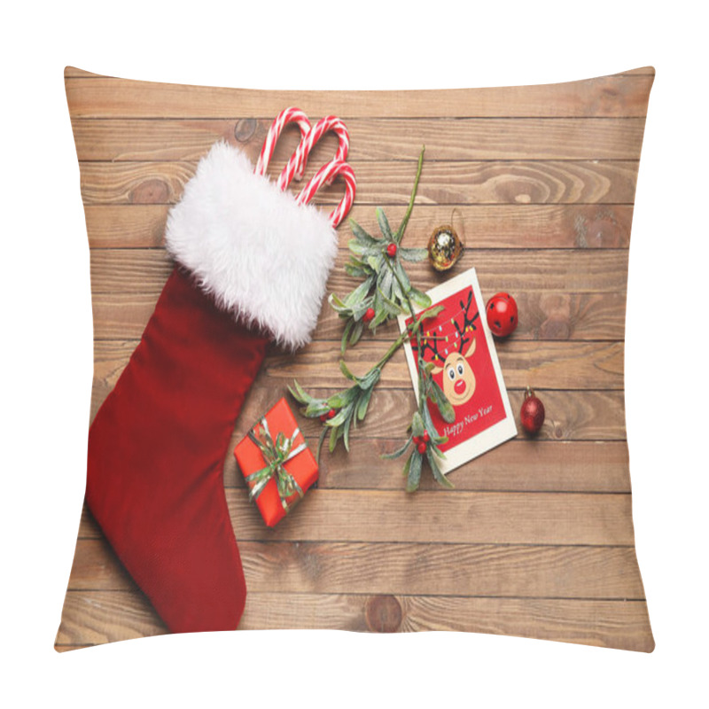 Personality  Composition With Christmas Sock On Wooden Background Pillow Covers