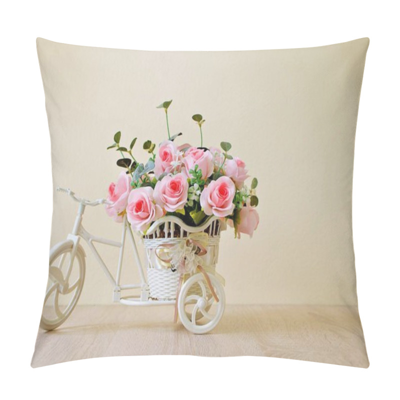 Personality  Artificial Pink Rose On Bicycles On Table Isolated On White Background Bouquet Bucket Bicycle With Soft Tone For Festive Background Or Wallpaper Copy Space For Lettering Valentine's Day Romantic Love  Pillow Covers