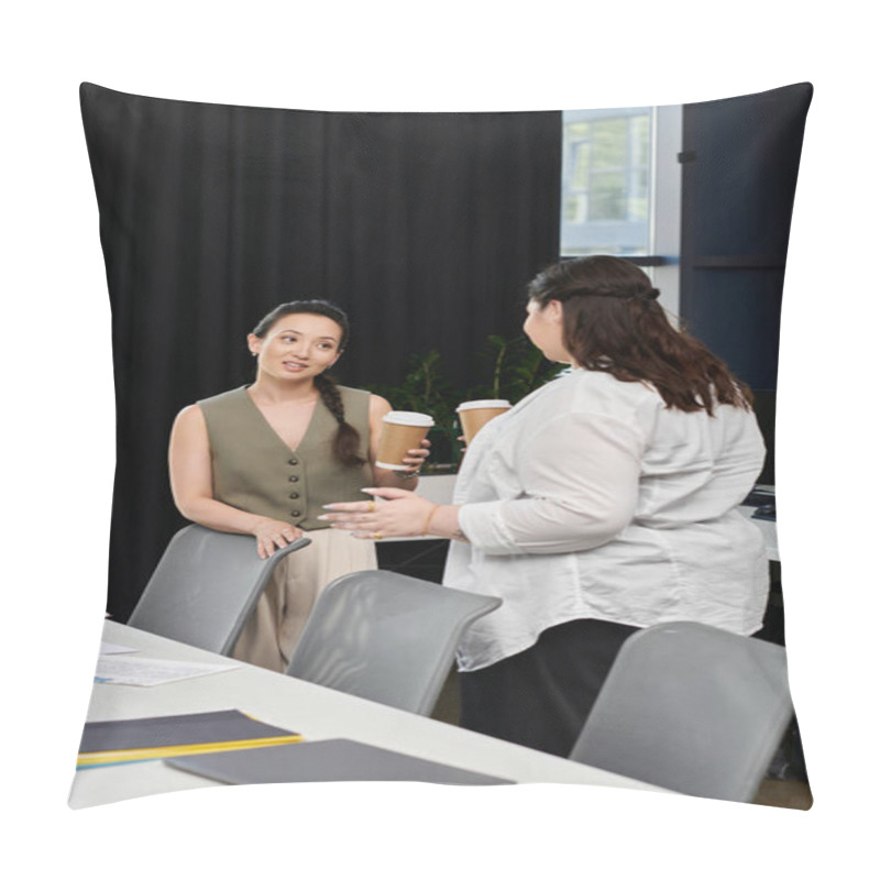 Personality  Two Professional Women Share Ideas And Insights While Enjoying Coffee In A Stylish Office. Pillow Covers