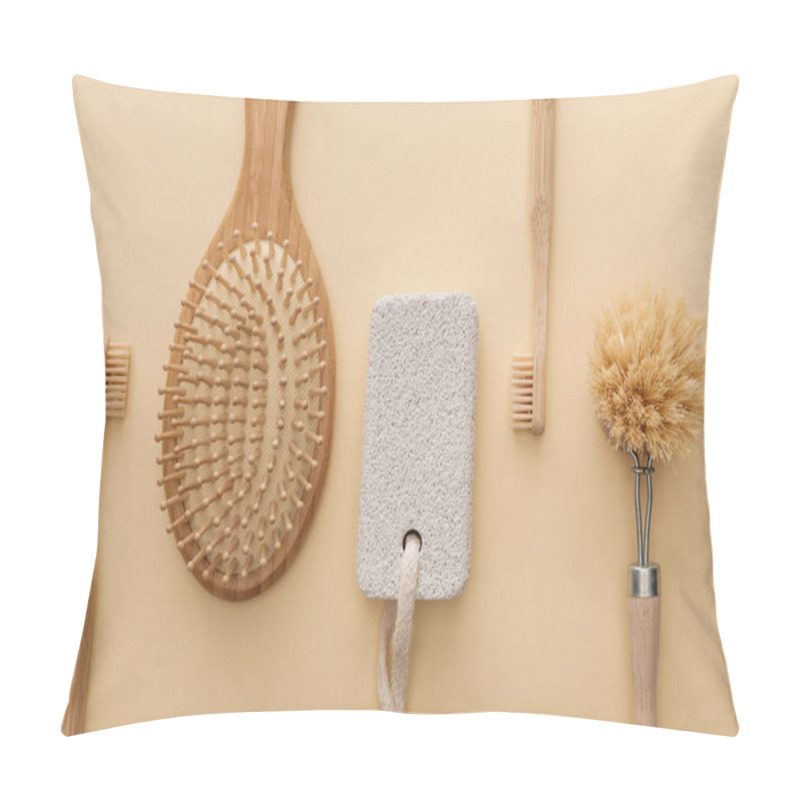 Personality  Top View Of Toothbrushes, Hairbrush, Body Brush And Pumice Stone On Beige Background Pillow Covers