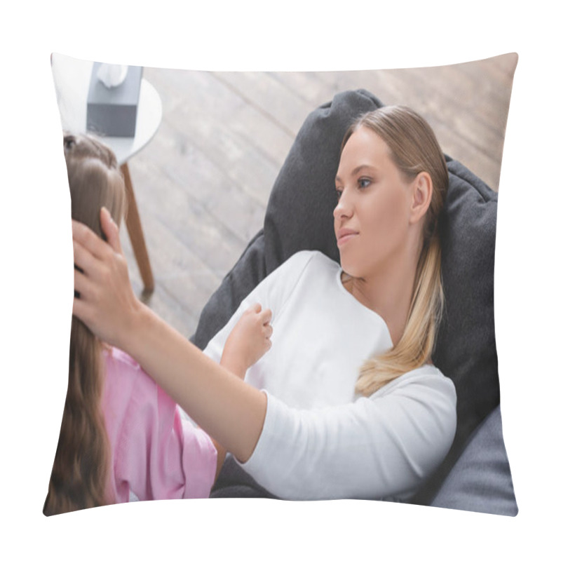 Personality  Selective Focus Of Diseased Woman Stroking Head Of Child On Couch  Pillow Covers