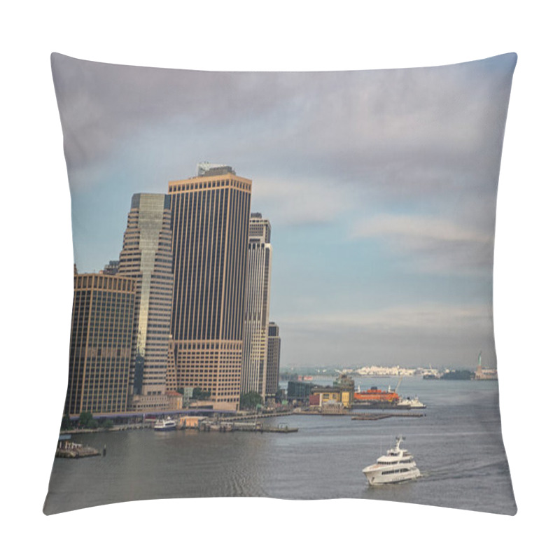 Personality  New York City Harbor. Cityscape In Metropolis City. City Downtown Skyline. Horizon With Architecture. Cityscape Skyline Building Architecture. City Architectural Cityscape With Harbor. Hudson River. Pillow Covers