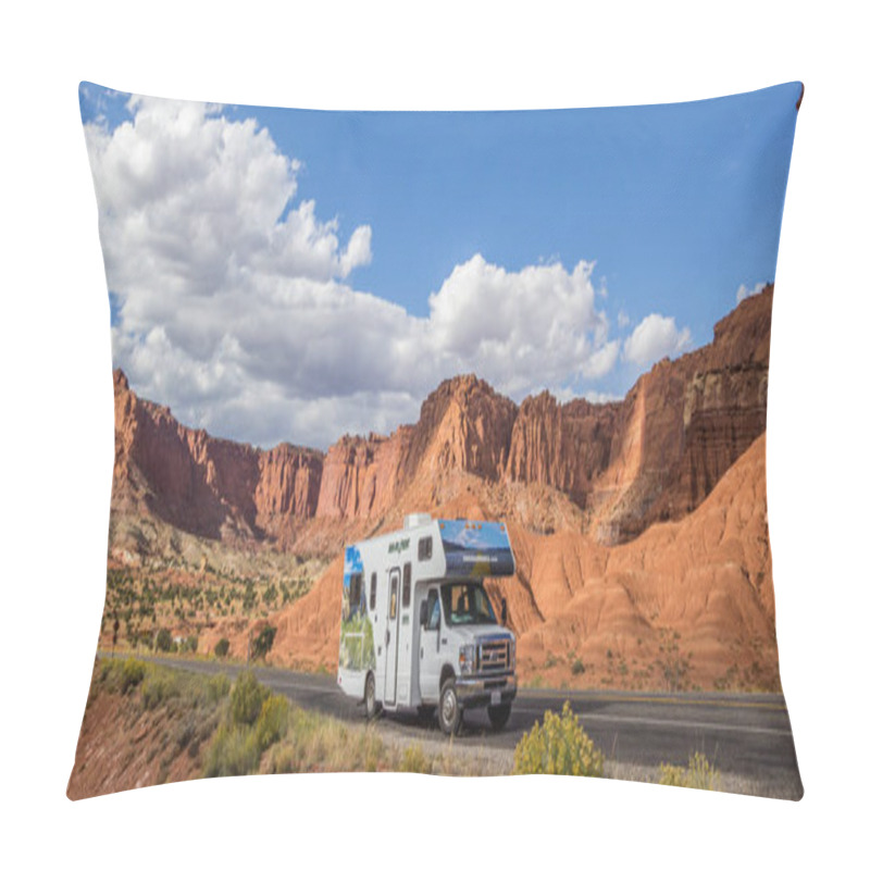 Personality  Panorama Of An RV In Capitol Reef National Park, USA Pillow Covers