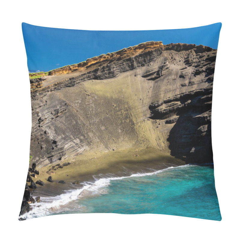 Personality  Green Sand Beach (papakolea) Near South Point On Hawaii's Big Island. Steep Slope Of Old Volcano Cone Is Behind The Beach; Blue-green Ocean & Deep Blue Sky.  Pillow Covers