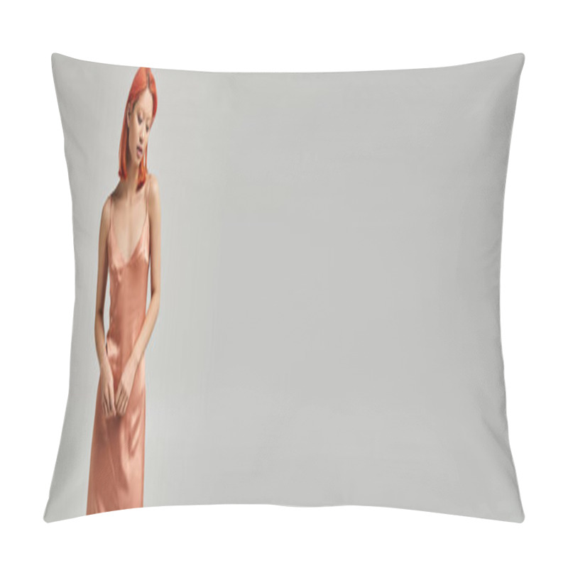 Personality  Sensual Young Asian Woman With Dyed Hair Posing In Slip Dress On Grey Background, Fashion Banner Pillow Covers