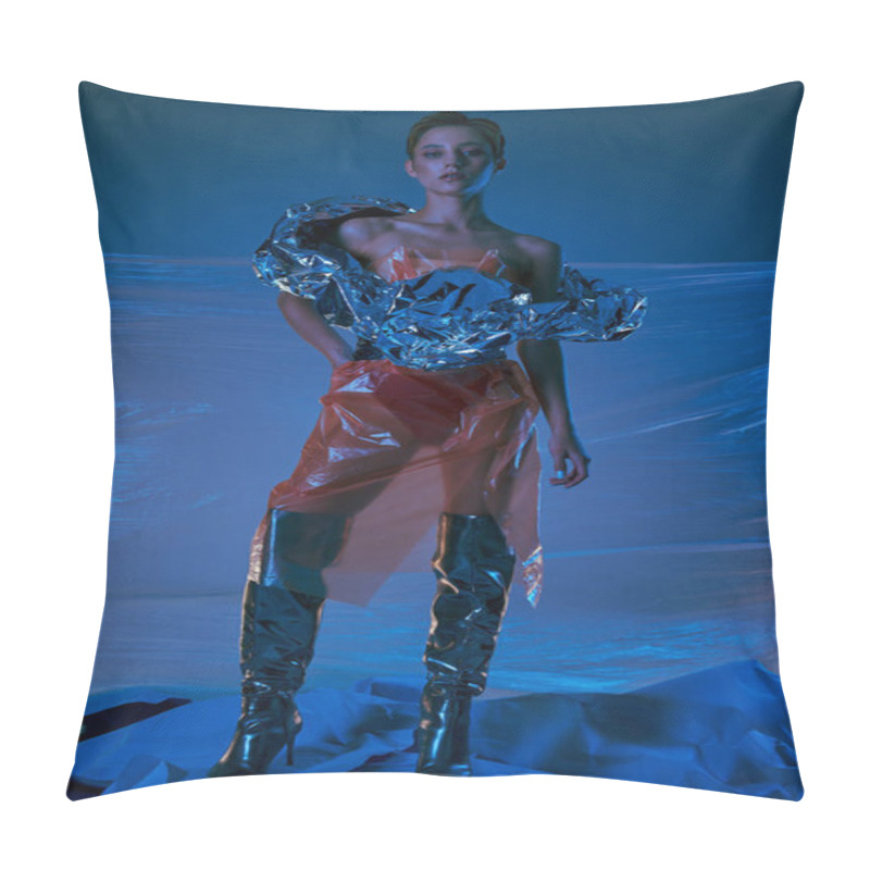 Personality  A Woman Wearing A Shimmering, Recycled Fashion Piece Stands Against A Backdrop Of Plastic Sheeting. Pillow Covers