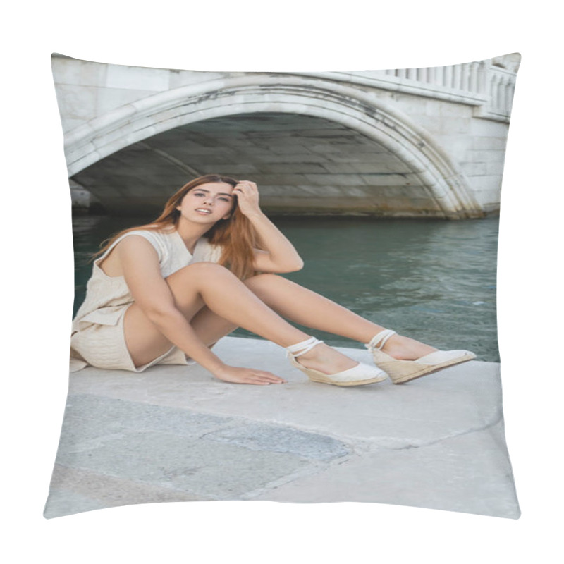 Personality  Pretty Woman In Wedge Sandals Adjusting Red Hair While Sitting Near Venetian Canal Pillow Covers