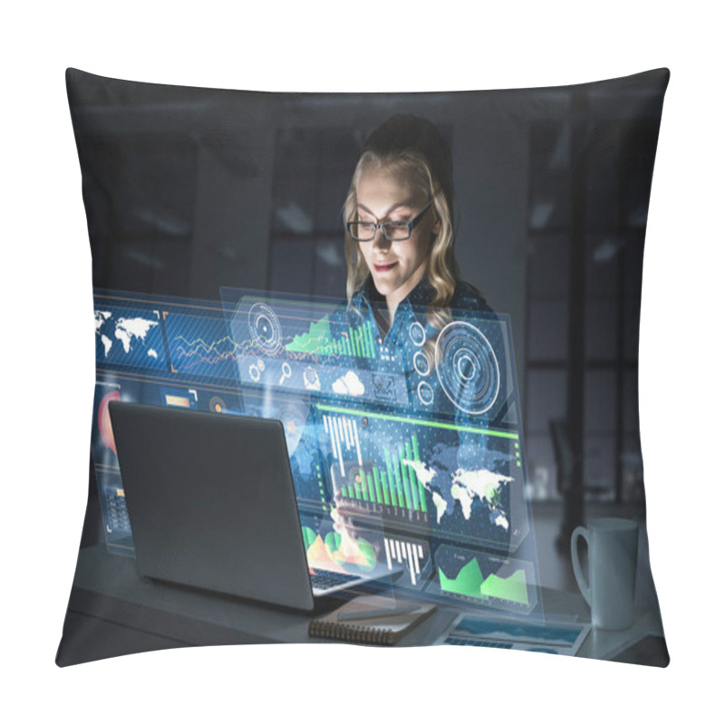 Personality  Attractive Woman Looking At Her Laptop Screen Sitting In Night Office. Mixed Media Pillow Covers