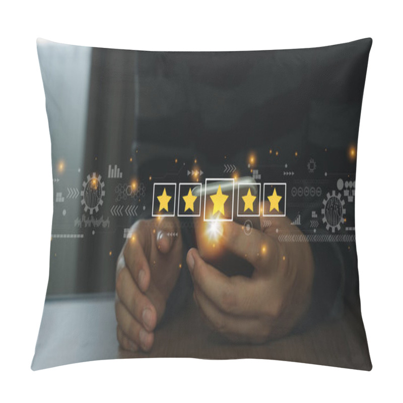 Personality  Close Up Man Using Mobile Phone For Rating Feedback From Customer Service With Annual Survey With Five Gold Star Icon. Business Annual Satisfaction Survey Concept. User Reviews And Feedback Online. Pillow Covers