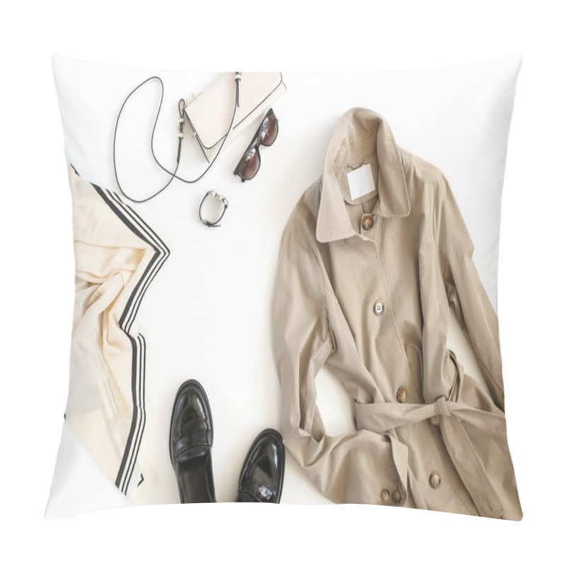 Personality  Women Fashion Clothes And Accessories Top View Background. Flat Lay Female Autumn Style Look With  Beige Cloak , Shoes, Bag, Sunglasses, Accessories On White Background. Copy Space. Pillow Covers