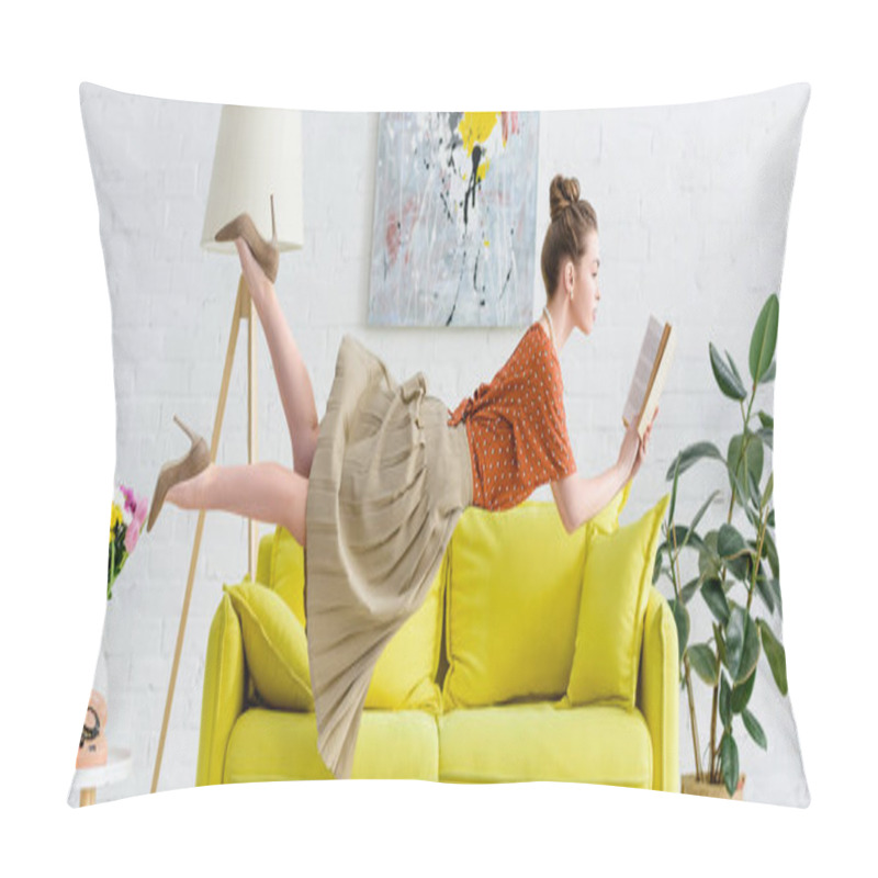 Personality  Panoramic Shot Of Elegant Young Woman Levitating In Air While Reading Book Pillow Covers