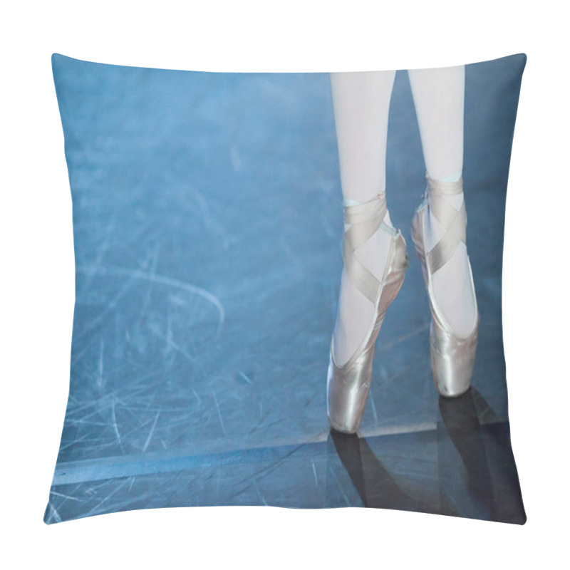 Personality  Choreography, Passion, Equipment Concept. Pointe Shoes Bound In Satin In Shades Of Tender Light Pink And Elastic Ribbons Are Tied Around Ankles Of Slender Ballerina Pillow Covers