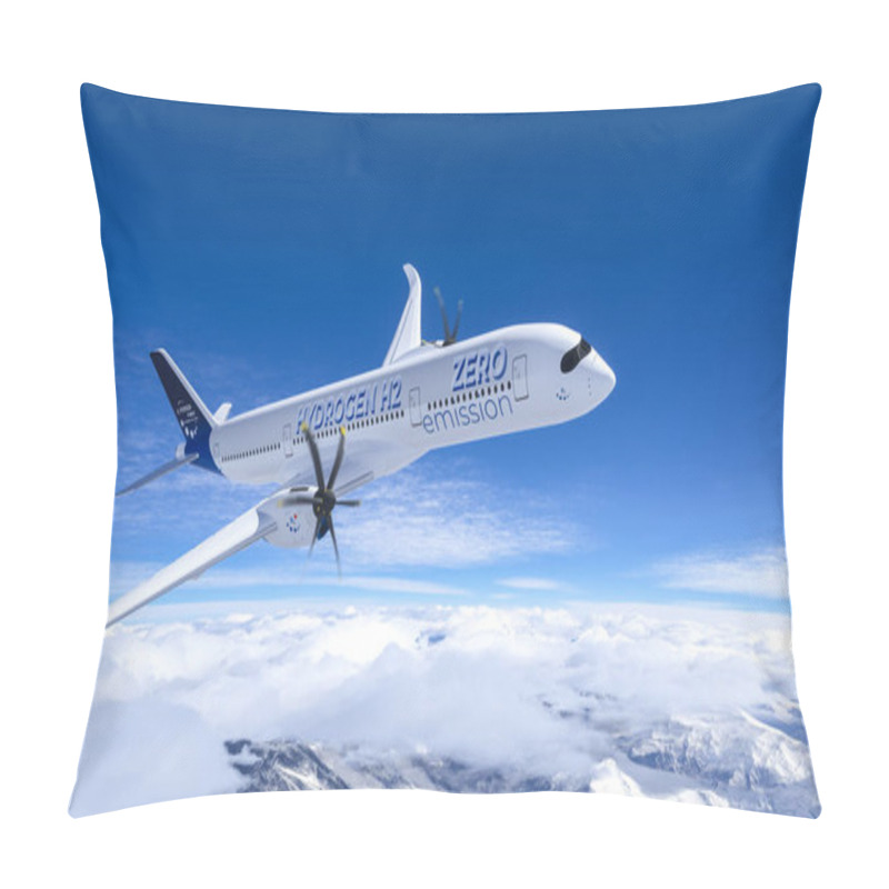 Personality  Hydrogen Filled H2 Propeller Airplane Flying In The Sky - Future H2 Energy Concept. 3d Rendering Pillow Covers