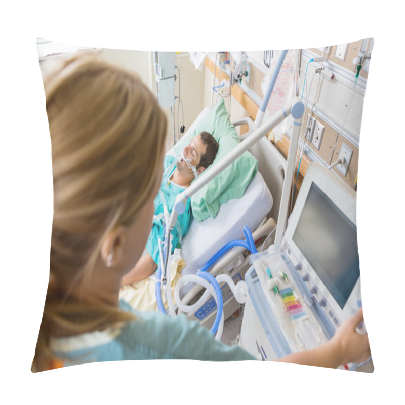 Personality  Nurse Pressing Monitor's Button With Patient Lying On Bed Pillow Covers