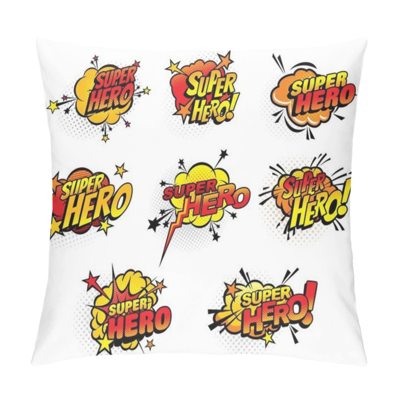 Personality  Super Hero Comics Half Tone Bubbles Isolated Vector Icons. Cartoon Pop Art Retro Sound Cloud Blast Explosions With Stars And Dotted Pattern. Boom Bang Colorful Superhero Symbols With Typography Set Pillow Covers