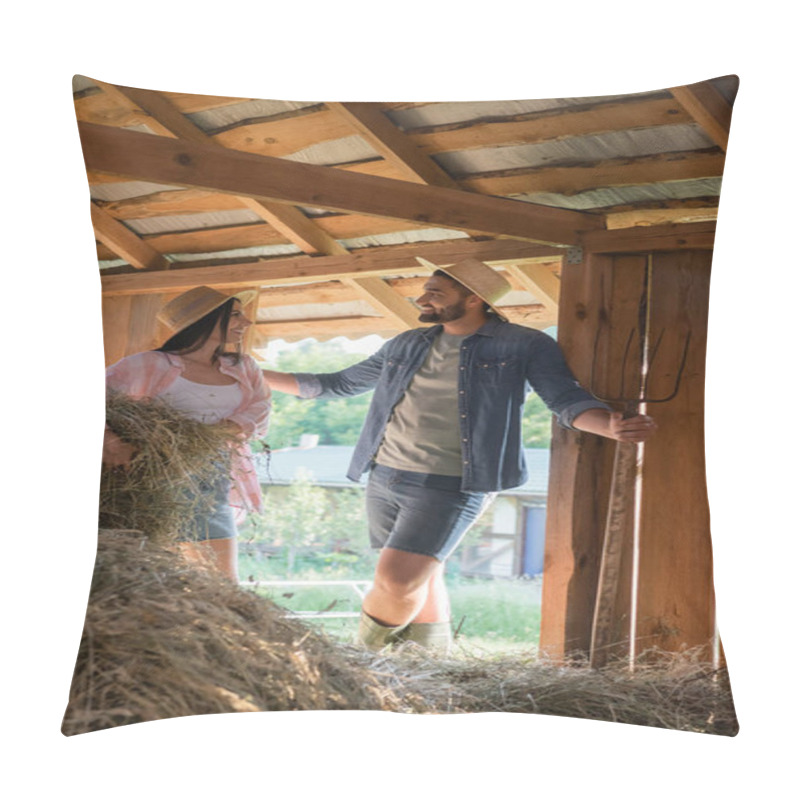 Personality  Cheerful Man Talking To Wife Stacking Hey In Barn While Working On Farm Pillow Covers